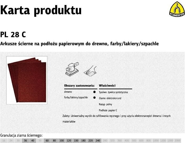 Klingspor arkusze ścierne na podłożu papierowym 230mm x 280mm pl28c gr. 40 /50szt.