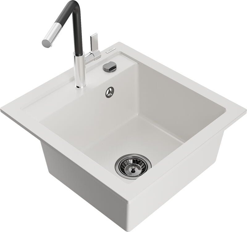 Vito 1-Becken-Granit-Spüle mit Mischbatterie Flora, Weiß - 6503-20-670401-07-B - Mexen