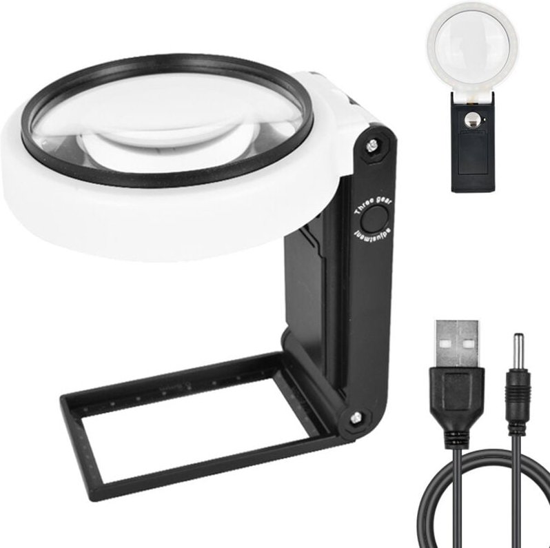 Lupe mit Licht und Ständer, faltbare Handlupe mit 6 LEDs, beleuchtete Lupe 9 x 4,2 x 1,0 Zoll, Schwarz - Ahlsen