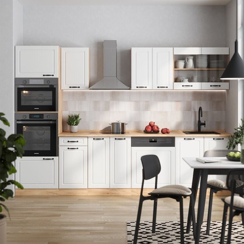 Vicco - Küchenzeile R-Line, Weiß Landhaus/Goldkraft Eiche, 300 cm mit Hochschrank, ap Eiche