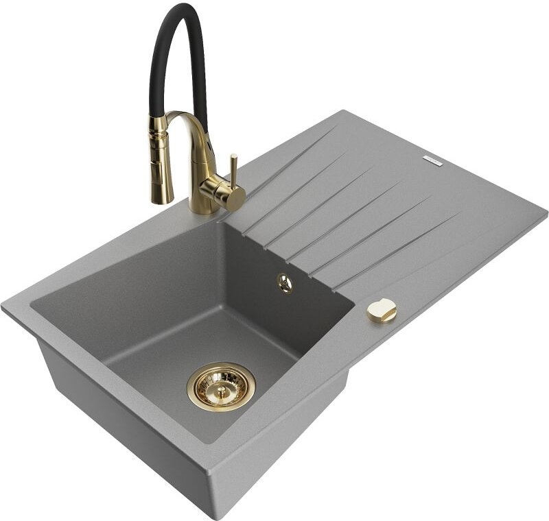 Cesar 1 Becken-Granitspüle mit Abtropffl√§che und Mischbatterie Aster, Grau - 6514-71-73450-57-G - Mexen