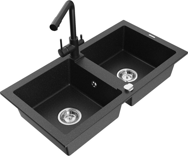 Mario 2-Becken-Granitspüle mit Mischbatterie Duero, Schwarz/Silbermetallic - 6504-73-671600-70 - Mexen