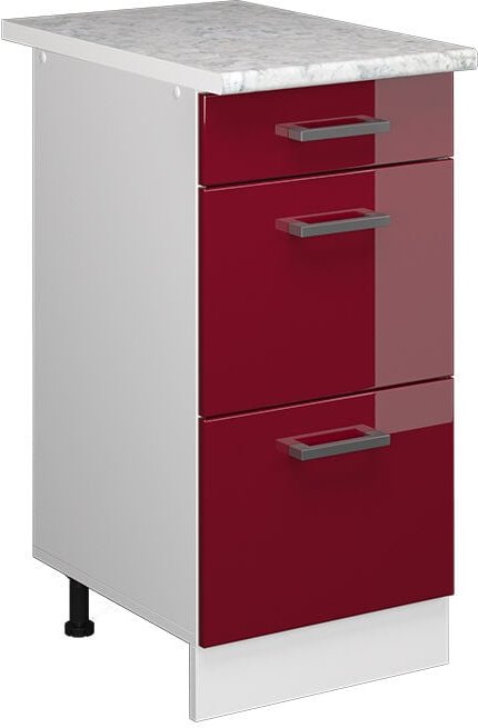Küchenunterschrank R-Line, Bordeaux Hochglanz, 40 cm mit Schubladen, ap Marmor Vicco