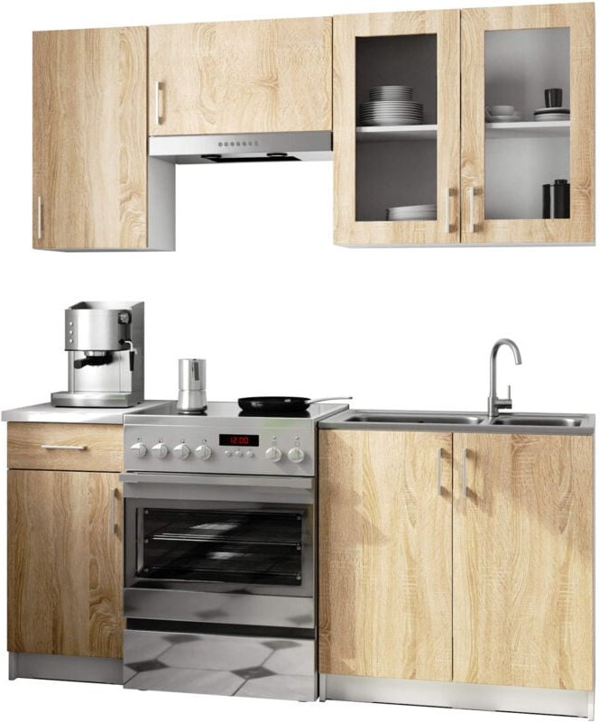 Thumbnail - Akord - Küchenmöbel-Set lima 1.8m Modulares Weiß 180 cm 7 Türen 1 Schublade Front Sonoma Eiche 8 Regalböden B180xH203xT4...