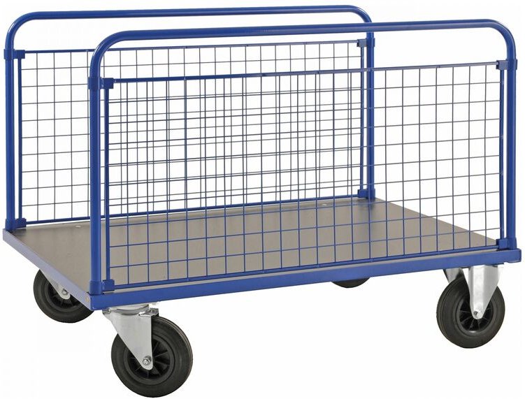 Kongamek Plattformwagen in blau 1000x700x900mm mit MDF-Platte und 2 stirnseitigen Gitterwänden mit Gummibereifung und Br...