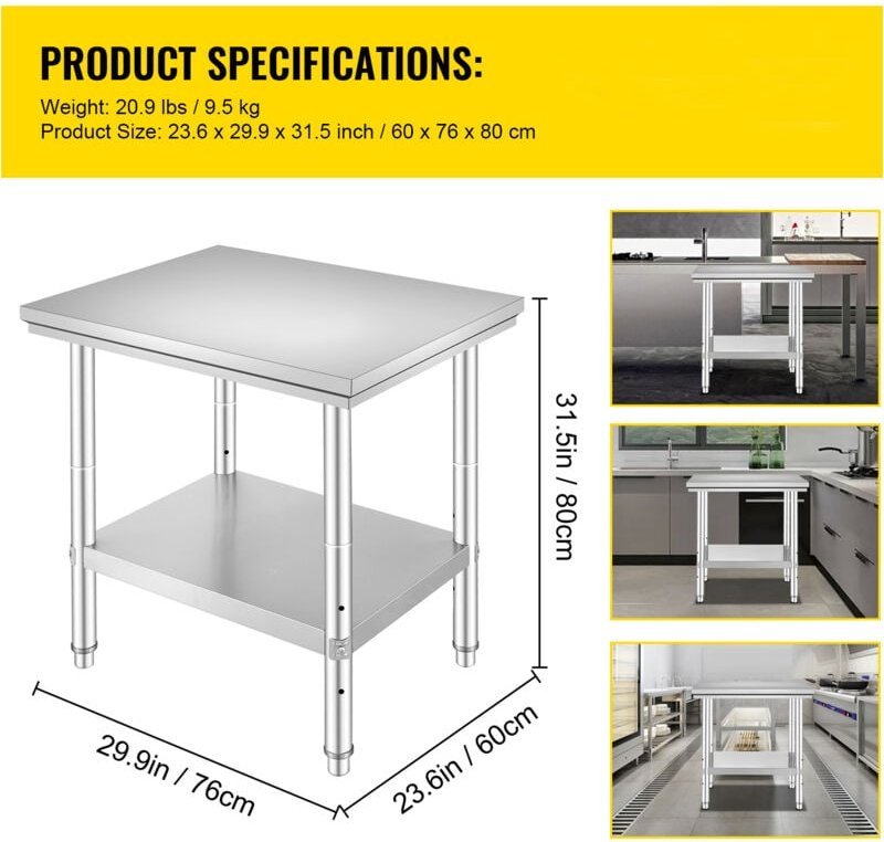 Zubereitungstisch aus Edelstahl, 61 x 76,2 cm, 318 kg Tragkraft, robuster Arbeitstisch aus Metall, 3 höhenverstellbar, g...