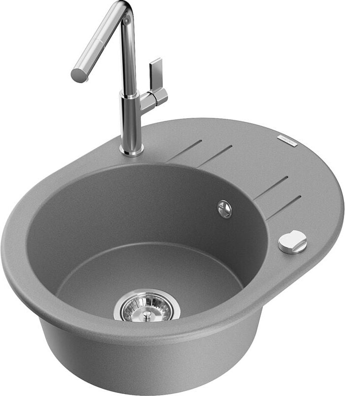 Kevin 1 Becken-Granitspüle mit Abtropffläche und Mischbatterie Flora, Grau - 6517-71-670401-00 - Mexen