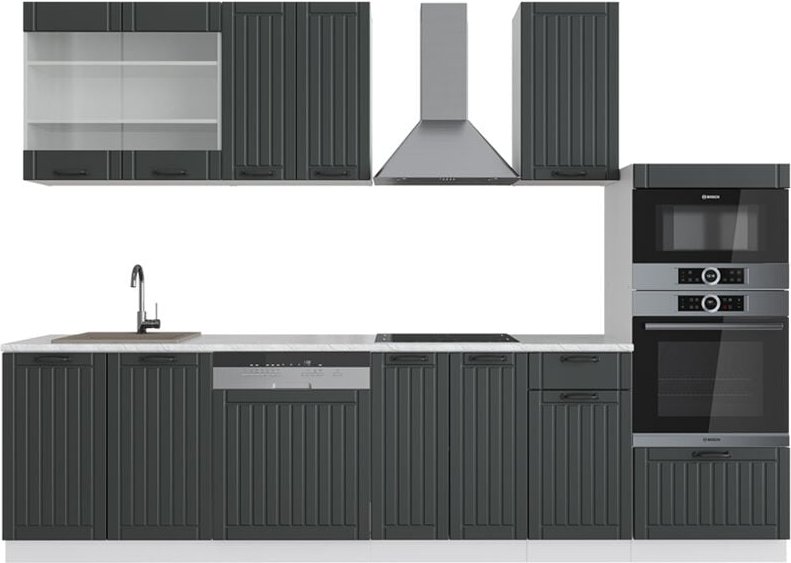Thumbnail - Vicco - Küchenzeile Fame-Line, Anthrazit Landhaus/Weiß, 300 cm mit Hochschrank, ap Marmor