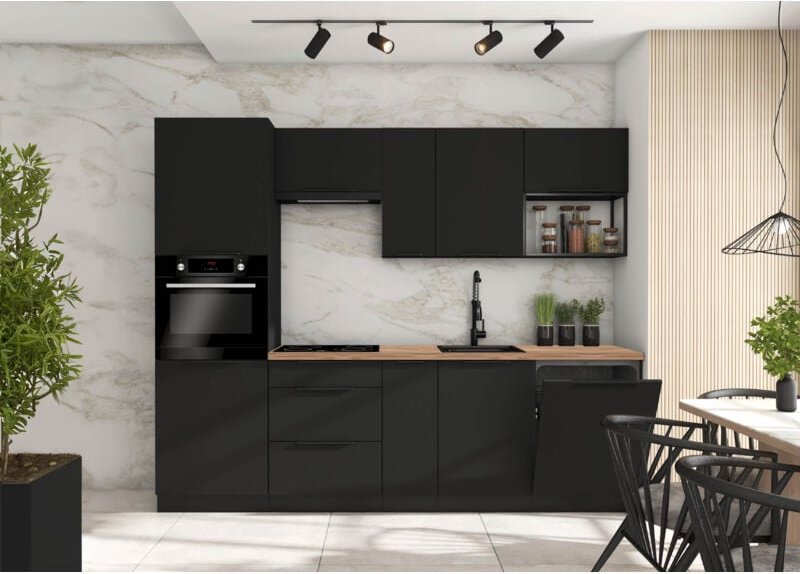 Küchenmöbel -Set Linares 260 cm mit Hängeschränken Matt-Schwarz/Artisan - Furnix