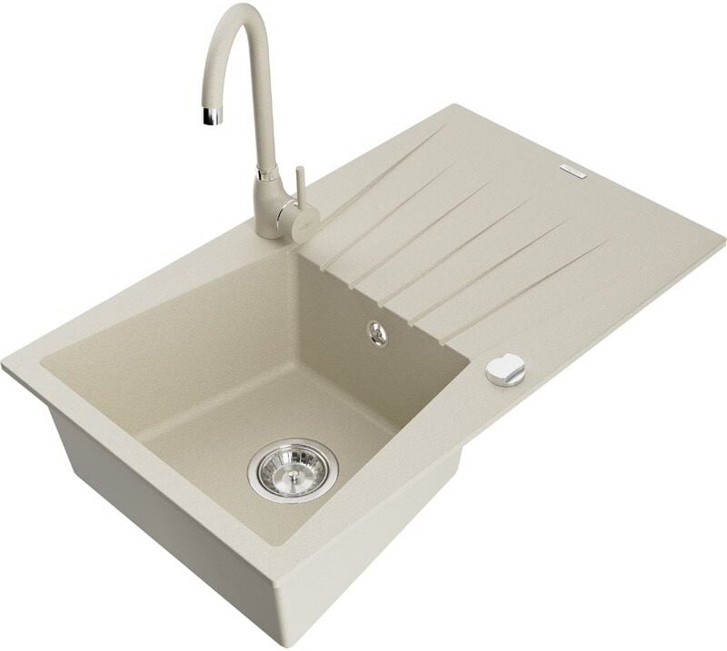 Mexen Cesar 1 Becken-Granitspüle mit Abtropffläche und Mischbatterie Telma, Beige - 6514-69-670200-6