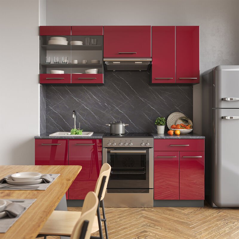 Vicco - Küchenzeile Fame-Line, Bordeaux Hochglanz/Anthrazit, 200 cm , ap Anthrazit