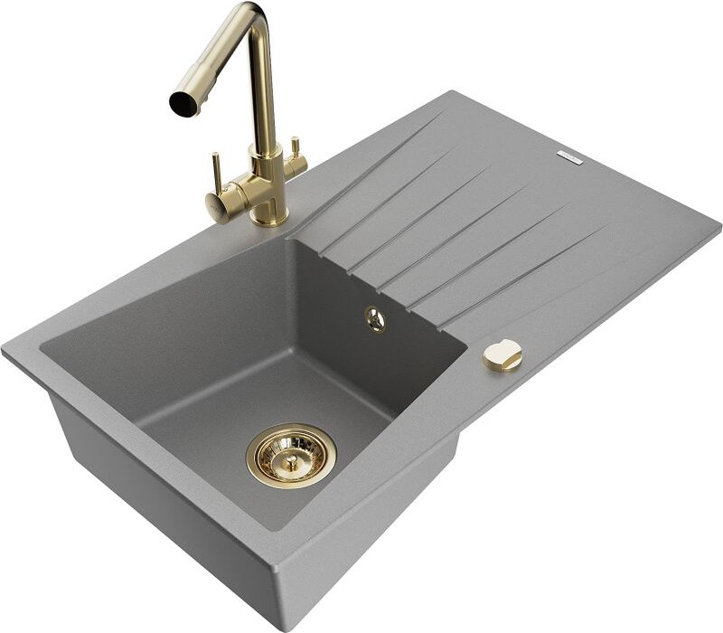 Cesar 1 Becken-Granitspüle mit Abtropffl√§che und Mischbatterie Duero, Grau - 6514-71-671600-50 - Mexen