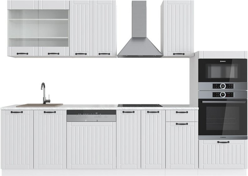 Küchenzeile Fame-Line, Weiß Landhaus/Weiß, 300 cm mit Hochschrank, AP Marmor, Vicco