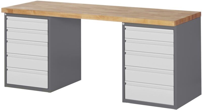 Werkbank Premium, 10 Schubladen, 200x70x84cm, aus pulverbeschichtetem Stahl und Buchenholz, ideal für Montagearbeiten, r...