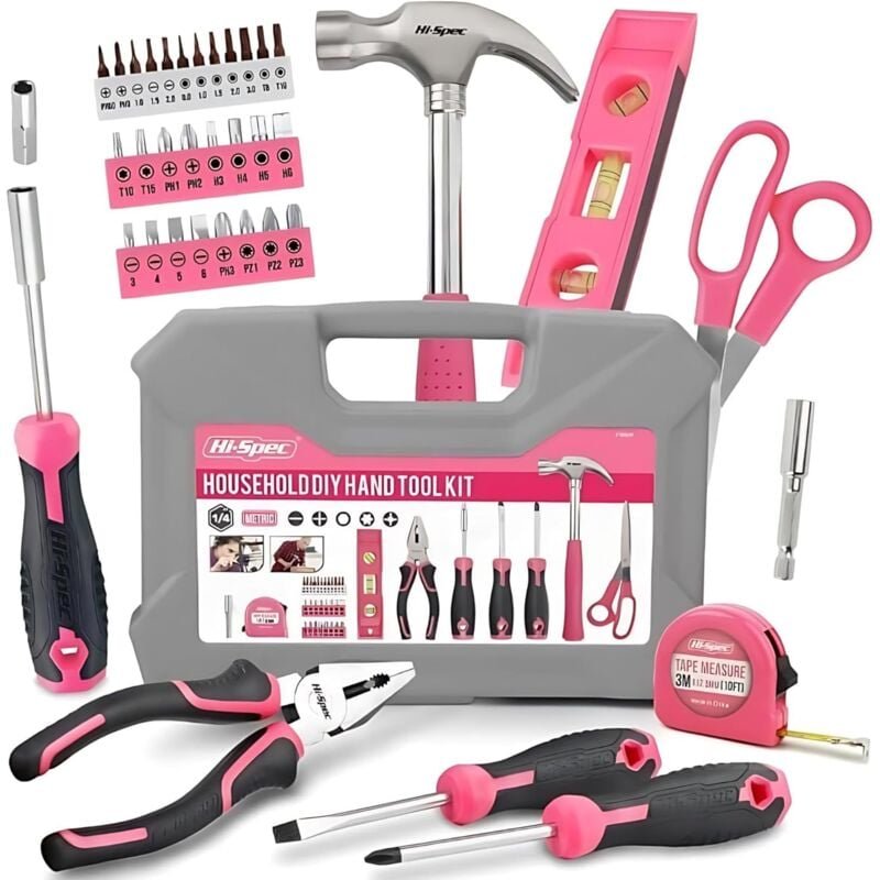 Thumbnail - 42-teiliger rosa Werkzeugkasten – unverzichtbares Werkzeugset mit tragbarem Koffer – Hammer, Zange, Schraubendreher und ...