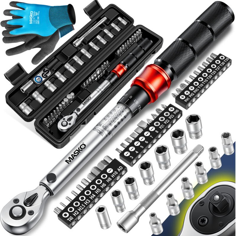 MASKO® Drehmomentschlüssel 45-tlg. Set Auto Fahrrad & Motorrad 1/4 Zoll 5-25Nm inkl. Handschuhe Magnetische Zündkerzenhü...