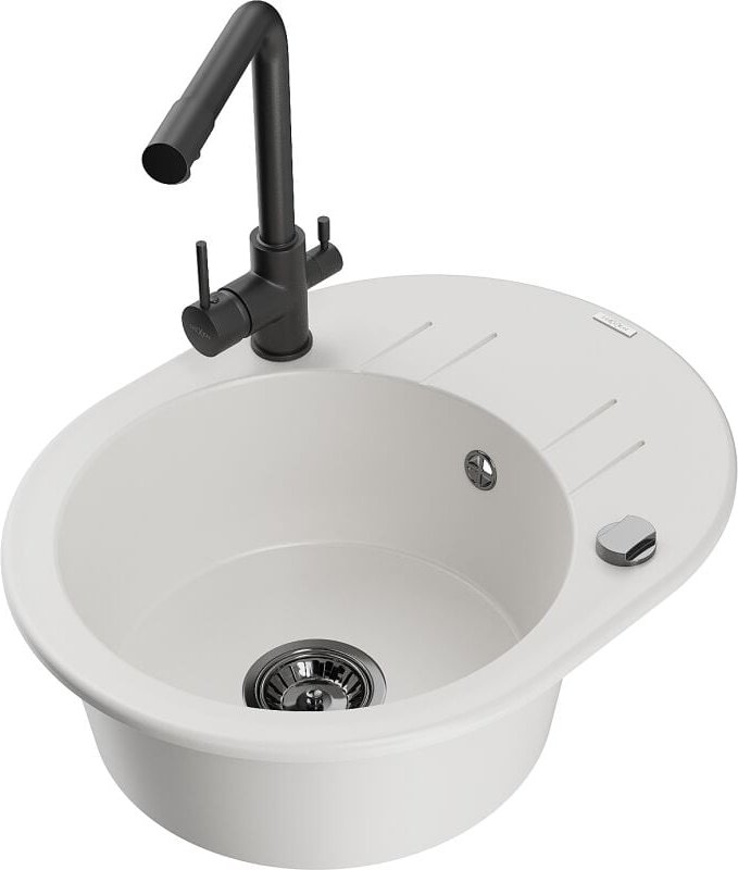 Kevin 1 Becken-Granitspüle mit Abtropffl√§che und Mischbatterie Duero, Wei√ü - 6517-20-671600-70 - Mexen