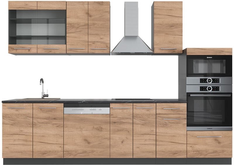 Vicco - Küchenzeile Fame-Line, Goldkraft Eiche/Anthrazit, 300 cm mit Hochschrank, ohne Arbeitsplatte