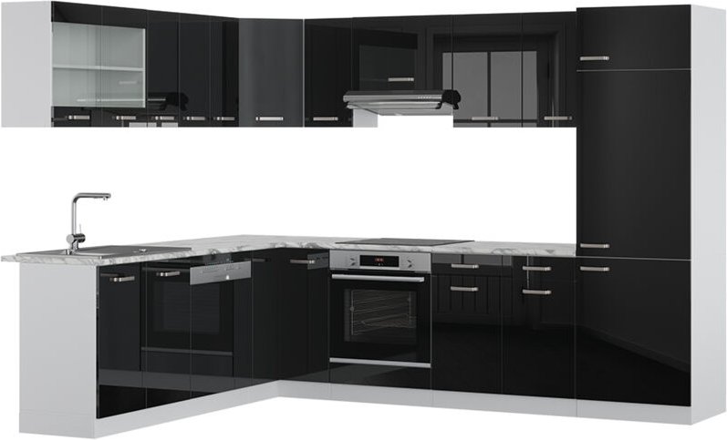 Vicco - Eckküche R-Line, Schwarz Hochglanz, 227 x 287 cm , ap Marmor