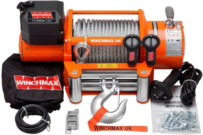 7.711 kg originale orangefarbene 12-V-Elektrowinde. 26 m x 12 mm Stahlseil. Drahtlose Fernbedienungen.