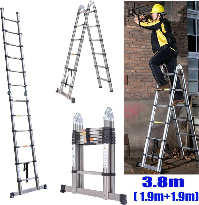 Dayplus - 3,8m(1,9+1,9) Teleskopleiter Ausziehleiter Edelstahlleiter A-Rahmen Klappleiter