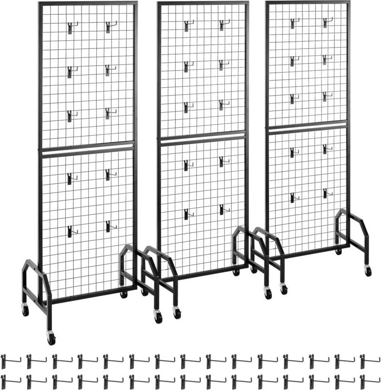 Mophorn Gitterwandpaneele 60 x 164 cm, 3-teiliges Set mit rollbarem Präsentationsständer und 30 Haken, aus Karbonstahl g...
