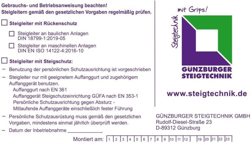 Günzburger Steigtechnik Kennzeichnungsschild für Steigschutzeinrichtung - 019007