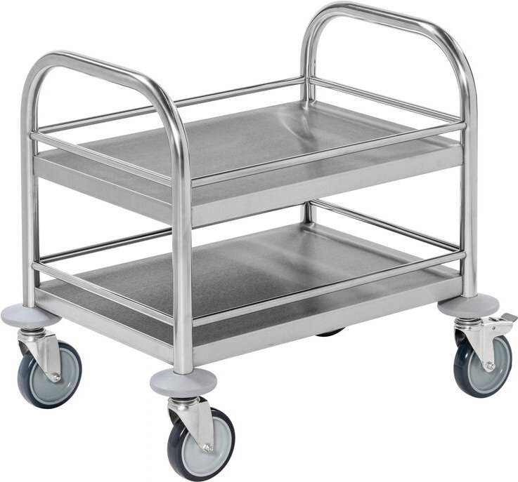 Kongamek kleiner Edelstahl- Tischwagen rostfrei mit 2 Böden 495x515mm mit Umrandung und Bremse