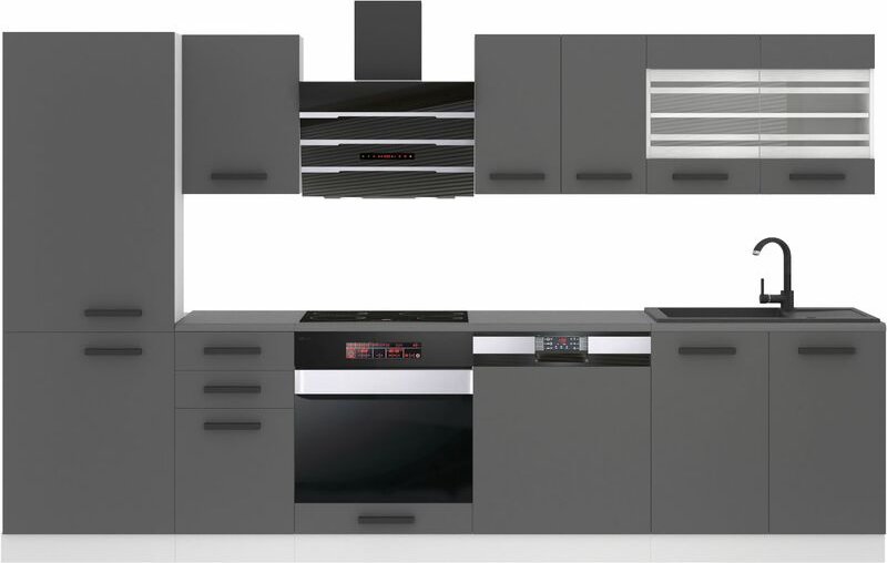 Küchenzeile Küchenblock Cindy - Küchenmöbel 300 cm Einbauküche Vollausstattung ohne Elektrogeräten mit Hängeschränke und...