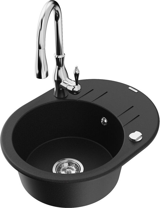 Kevin 1 Becken-Granitspüle mit Abtropffl√§che und Mischbatterie Savita, Schwarz - 6517-77-672601-00 - Mexen