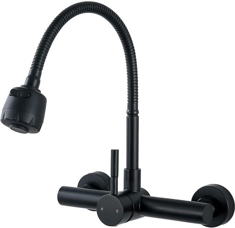 Schwarze Küchenarmaturen zur Wandmontage, Warm- und Kaltwasser, 2 Arten von Wasserauslassmodi, wandmontierter Wasserhahn...