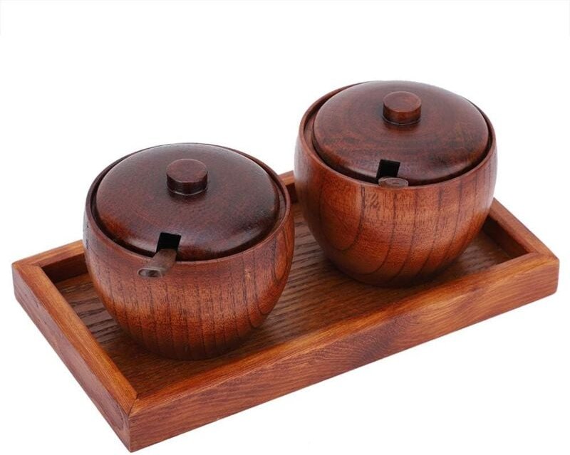 Alovez - Gewürzdose aus Holz mit Deckel und Löffel, Küche und Restaurant, natürliche Holzmaterialien, Kaffee und Zucker