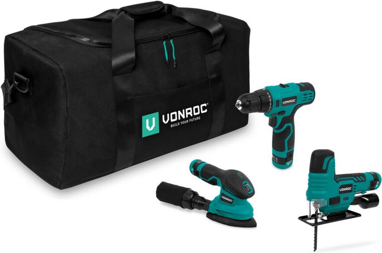 Vonroc - Werkzeug-Set 12V – Inkl. 3 Maschinen, 3 Akkus und Werkzeugtasche