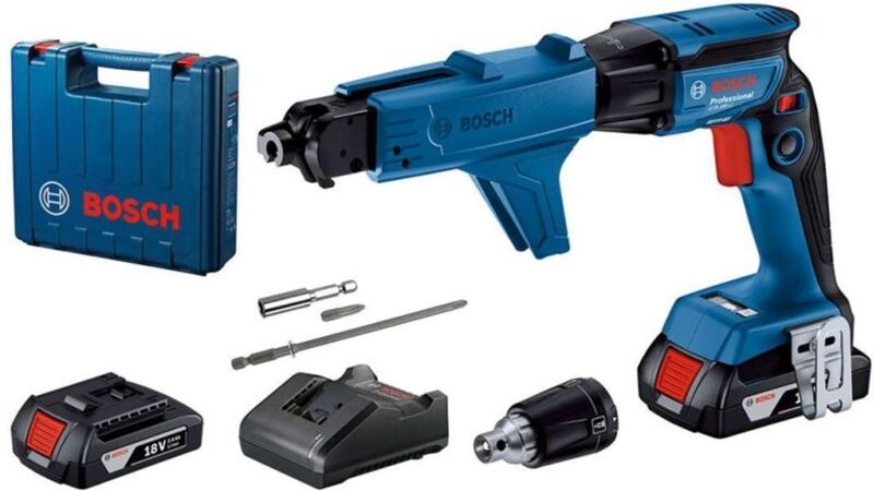 Bosch Werkzeug - 18V Akku-Trockenbauschrauber mit Magazin, 2x Akku 2,0 Ah Li-Ion, Ladegerät 06019K7022