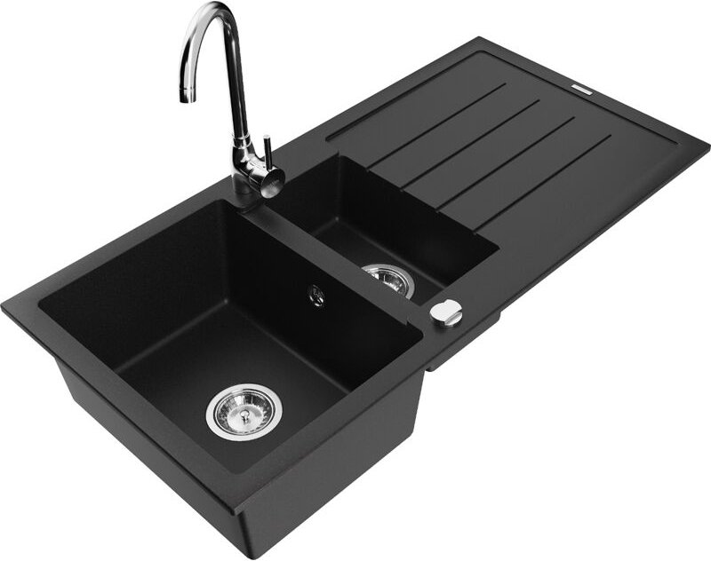 Mexen Andres 1,5-Becken-Granitspüle mit Abtropffläche und Mischbatterie Telma, Schwarz - 6515-77-670