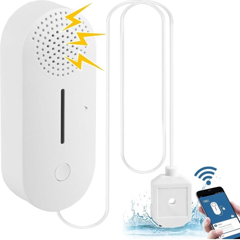 Wassermelder mit WLAN-Alarm und Wasserstandssensor, 100 dB lauter Wassersensor, batteriebetrieben, für Küchen, Keller, W...