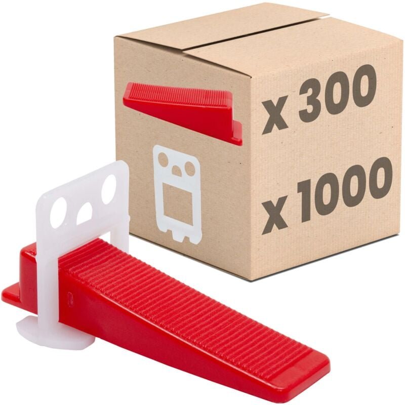 Fliesen Nivelliersystem, Verlegehilfe Set, Fliesenleger Werkzeug - 1mm Set: 1300tlg., 1000 Laschen + 300 Keile - Dalsys