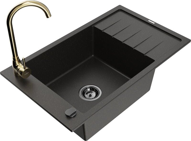 Mexen Elias 1 Becken-Granitspüle mit Abtropffläche und Mischbatterie Telma, Schwarz/Gold - 6511-75-670200-50-B