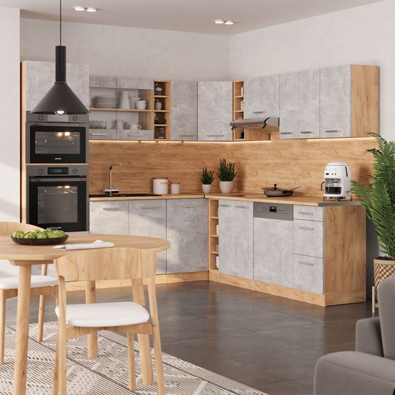 Vicco - Eckküche R-Line, Beton/Goldkraft Eiche, 237 x 60 cm ohne Arbeitsplatte