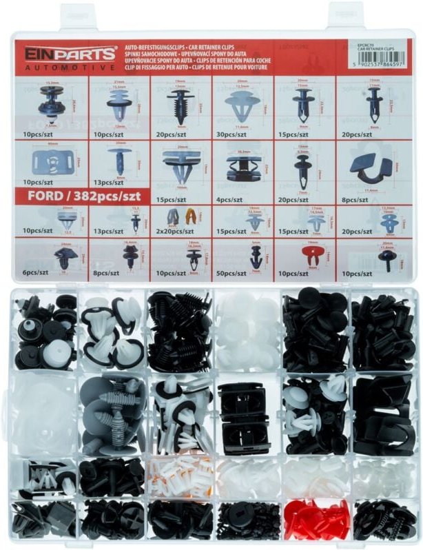 Speziell für Ford entwickelte Stifte und Clips – 467-teiliges Set.