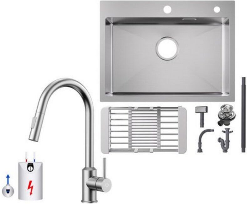 Küchenspüle aus Edelstahl 60x45cm Aufsatzwaschbecken Gebürstete + Ausziehbarer Niederdruck-Küchenarmatur Gebürstete Küch...