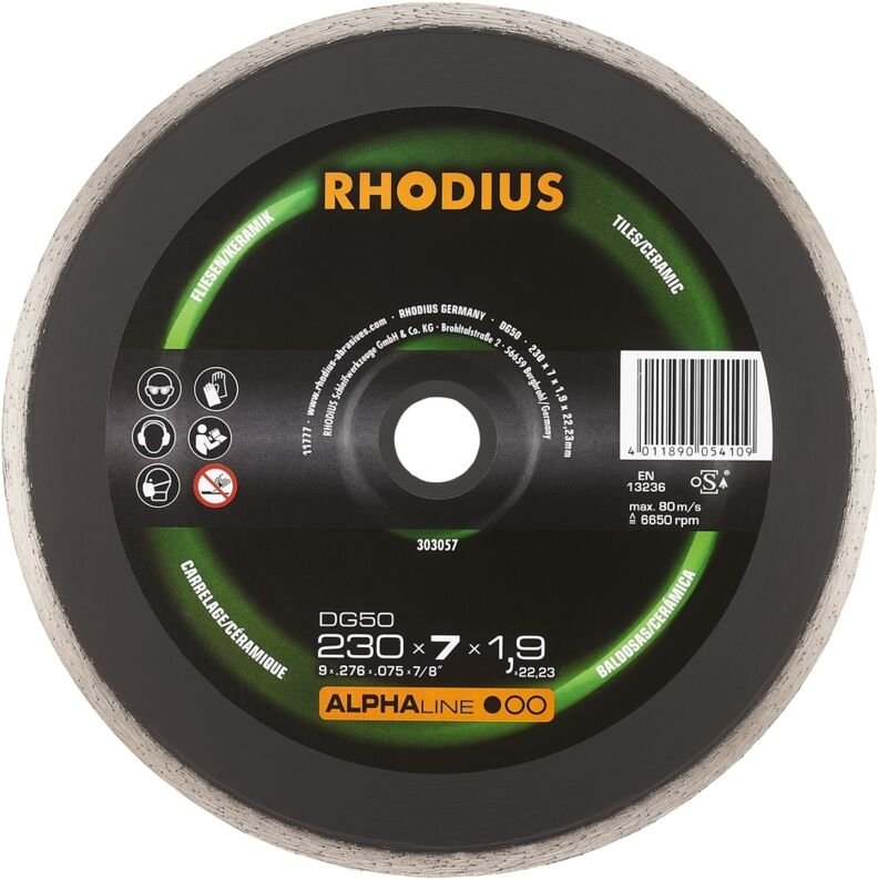 Rhodius - Diamanttrennscheibe DG50 Fliesen ø 230 mm Bohrung 22,23 mm für Winkelschleifer
