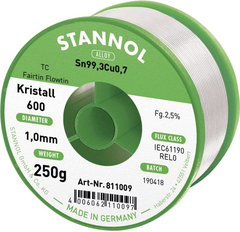 Stannol - Kristall 600 Fairtin Lötzinn, bleifrei bleifrei Sn99,3Cu0,7 REL0 250 g 1 mm