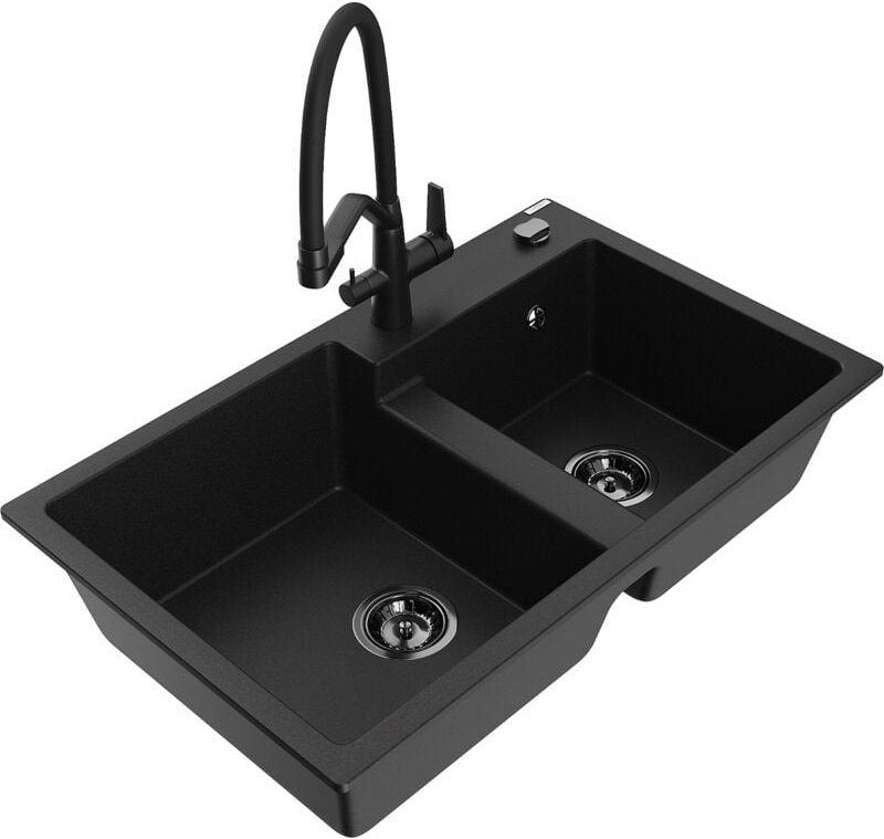 Thumbnail - Tomas 2-Becken-Granitspüle mit Mischbatterie Duo, Schwarz - 6516-77-671701-70-B - Mexen