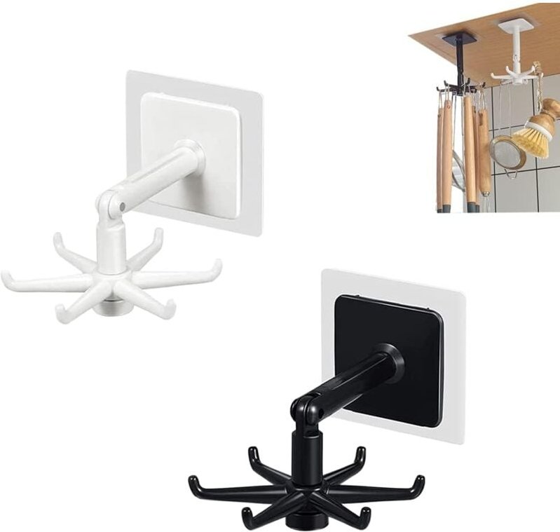 Memkey - 360° drehbarer Klapphaken, mit 6 stanzfreien selbstklebenden Haken, platzsparend in Küche und Bad einsetzbar, w...