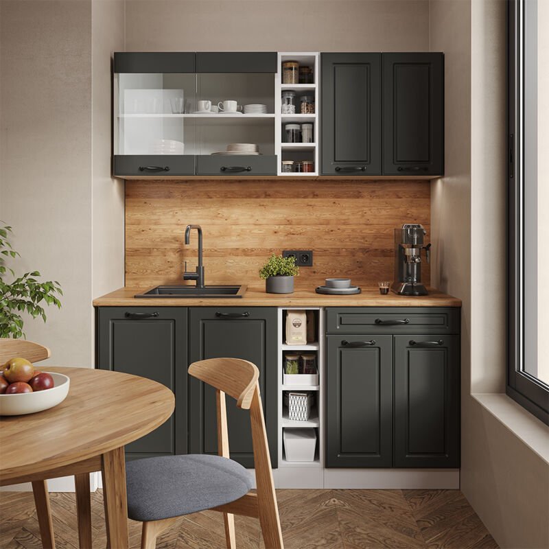 Vicco - Singleküche R-Line, Anthrazit Landhaus/Weiß, 160 cm ohne Arbeitsplatte