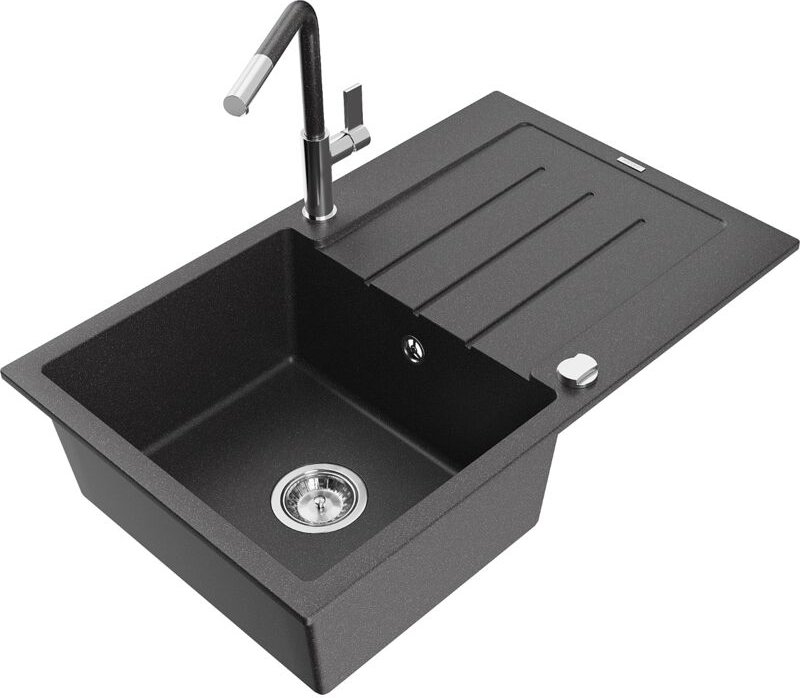 Bruno 1 Becken-Granitspüle mit Abtropffläche und Mischbatterie Flora, Schwarz gesprenkelt - 65 - Mexen