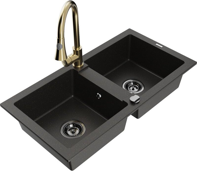 Mario 2-Becken-Granitspüle mit Mischbatterie Elia, Schwarz/Gold metallisch - 6504-75-670101-50-B - Mexen