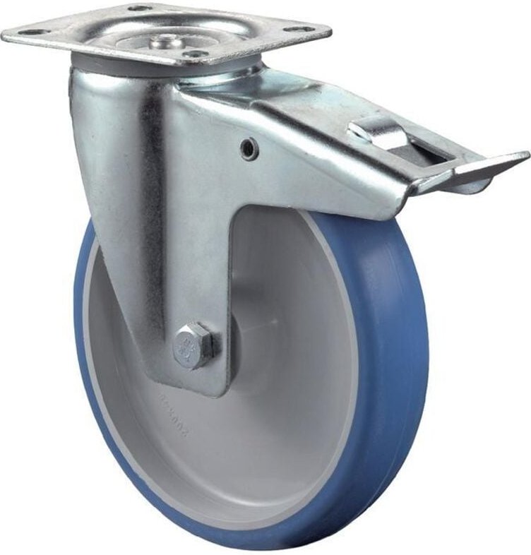 Lenkrolle mit Totalfeststeller Rad-Ø 100 mm Tragfähigkeit 120 kg mit Totalfeststeller Polyurethan 104x80mm blau