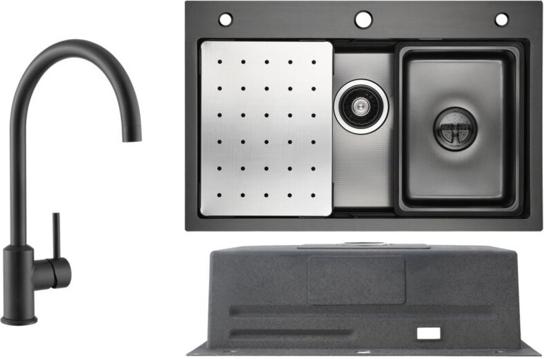 Küchenspüle aus Edelstahl 70x45cm Anthrazitschwarz Mit Abtropffläche + Hochdruck-Küchenarmatur Schwarz Hohe 363.7MM